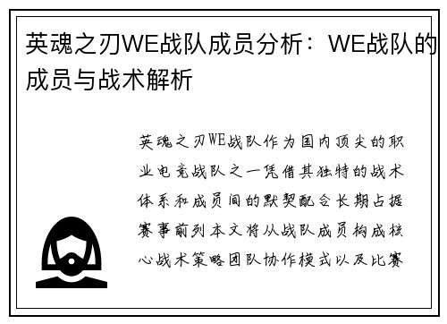 英魂之刃WE战队成员分析：WE战队的成员与战术解析