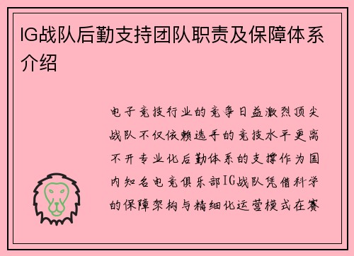 IG战队后勤支持团队职责及保障体系介绍
