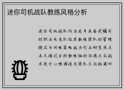 迷你司机战队教练风格分析