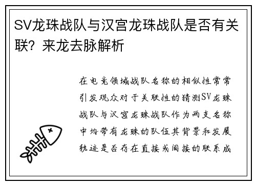 SV龙珠战队与汉宫龙珠战队是否有关联？来龙去脉解析